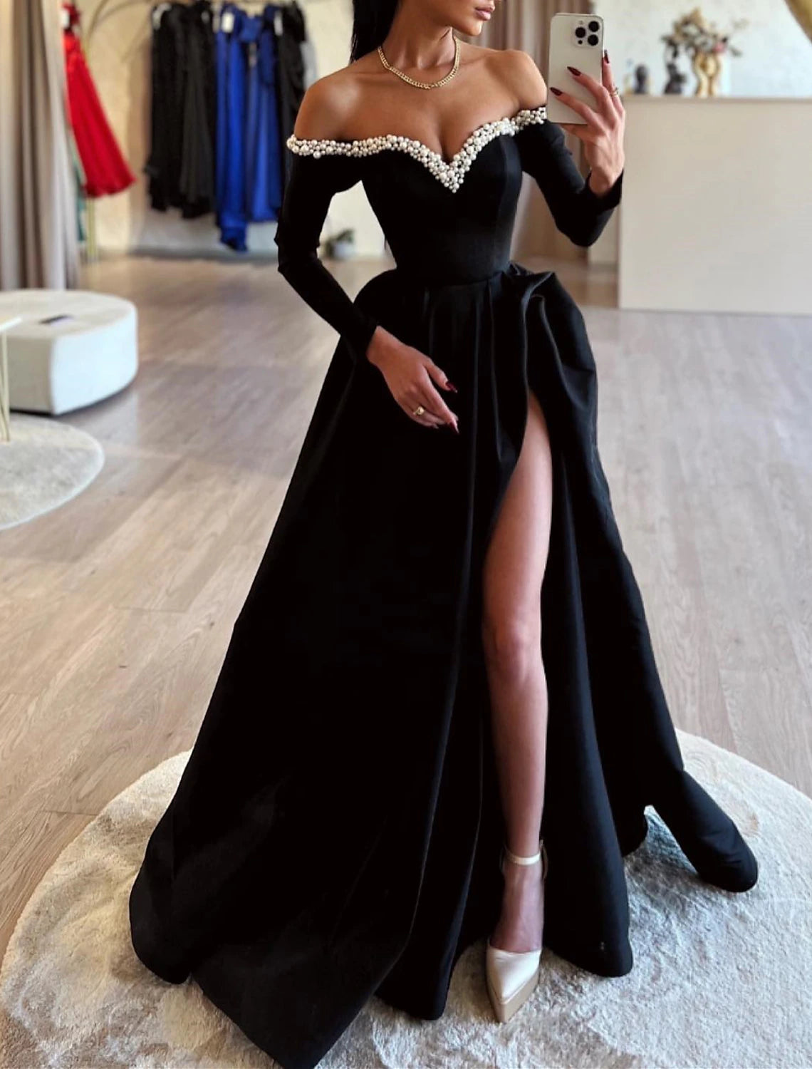 A-Line Evening Gown Black Dress Dress Formal Masquerade Sweep / Brush Train Long Sleeve Off Shoulder Satin with Pearls Slit 2025